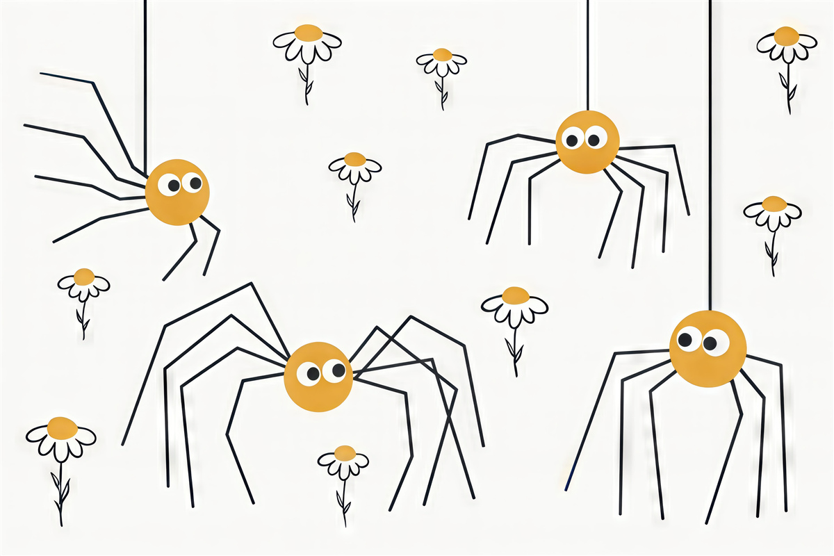 Fototapeta Pająki i stokrotki w formie rysunku liniowego, w kolorach czarnym i żółtym.