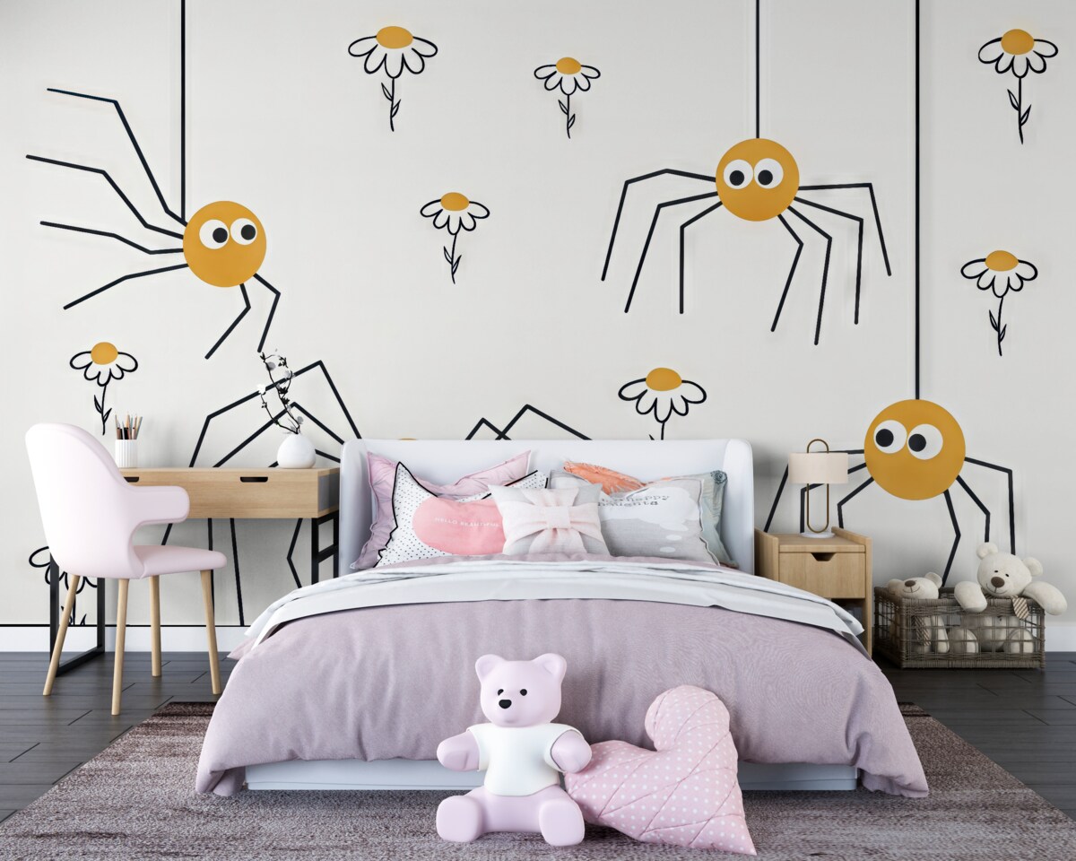 Fototapeta Pająki i stokrotki w formie rysunku liniowego, w kolorach czarnym i żółtym.