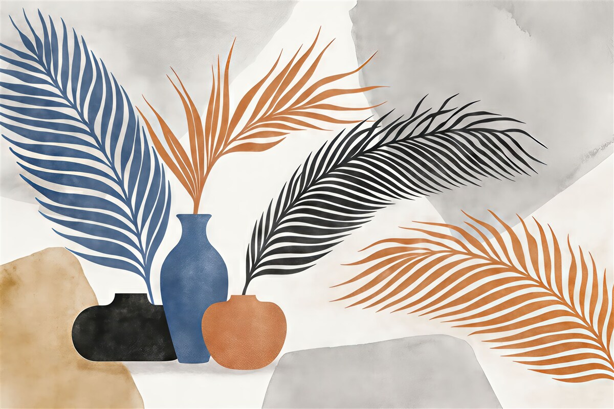 Fototapeta Gałązki palmowe w naczyniach, plamy farb akwarelowych, odcienie czarny, niebieski i czerwony.