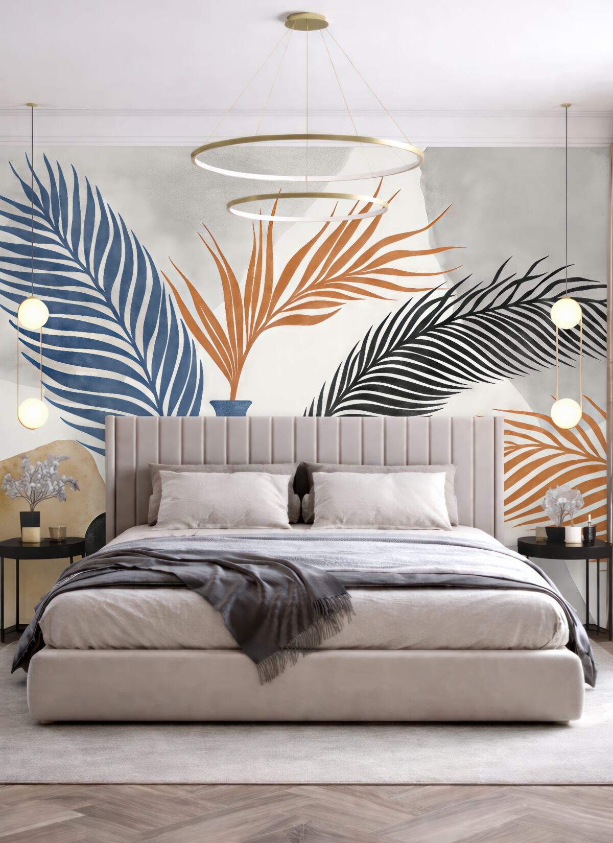 Fototapeta Gałązki palmowe w naczyniach, plamy farb akwarelowych, odcienie czarny, niebieski i czerwony.