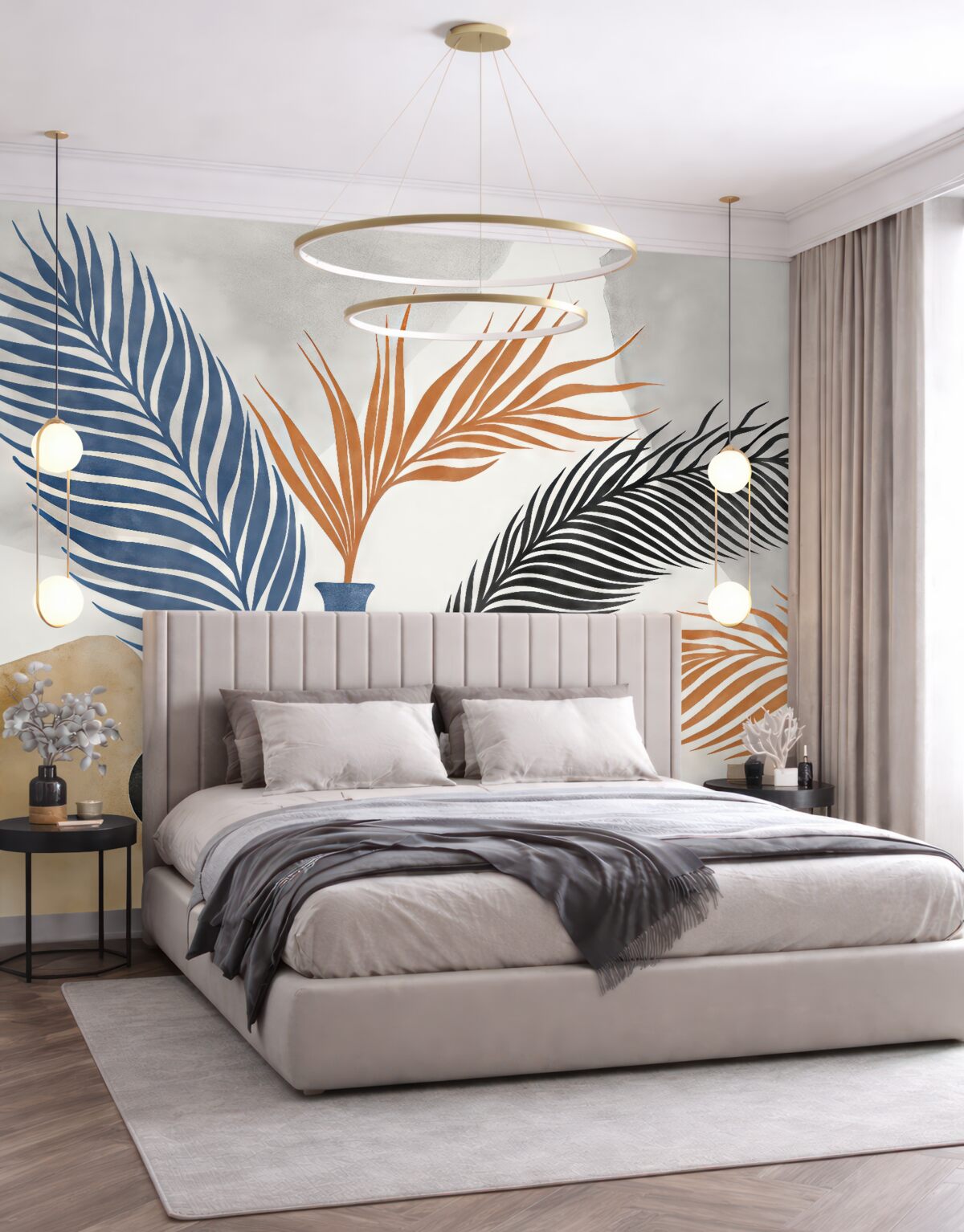 Fototapeta Gałązki palmowe w naczyniach, plamy farb akwarelowych, odcienie czarny, niebieski i czerwony.