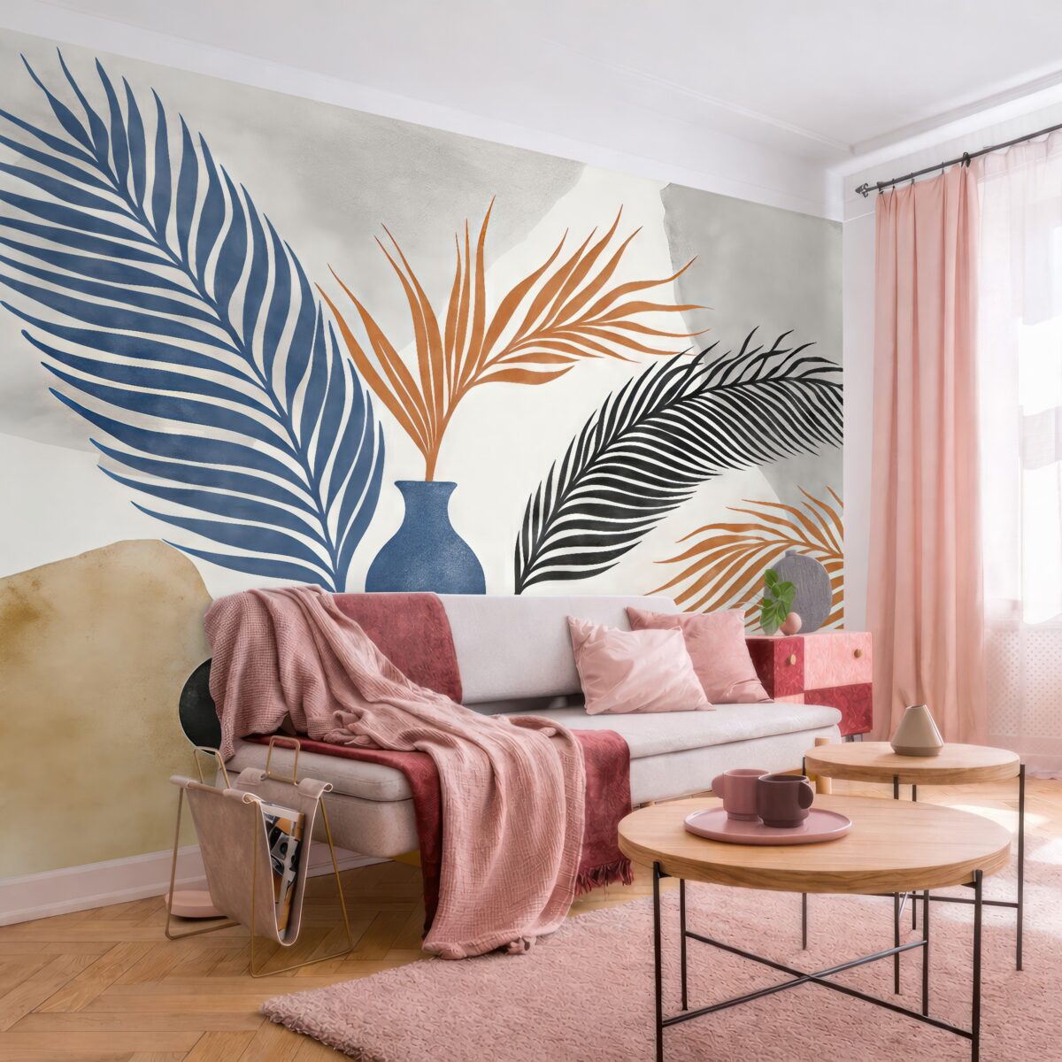 Fototapeta Gałązki palmowe w naczyniach, plamy farb akwarelowych, odcienie czarny, niebieski i czerwony.