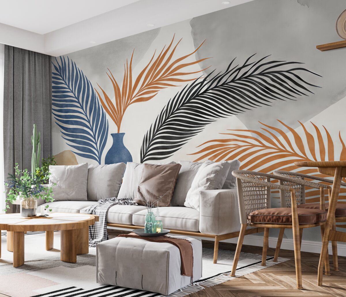 Fototapeta Gałązki palmowe w naczyniach, plamy farb akwarelowych, odcienie czarny, niebieski i czerwony.