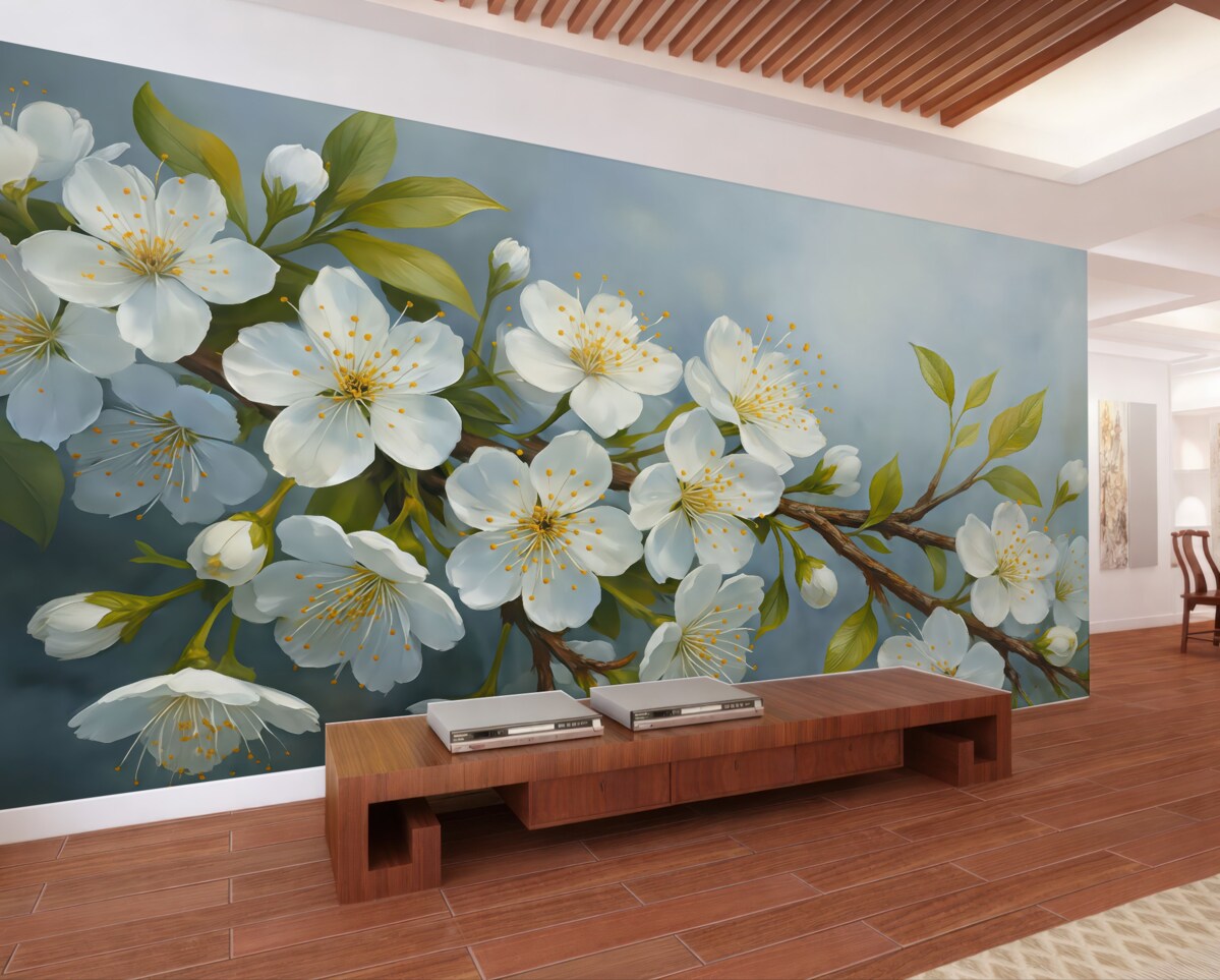 Fototapeta Gałązka z białymi, rozwijającymi się kwiatami, nawiązująca do malarstwa olejnego.