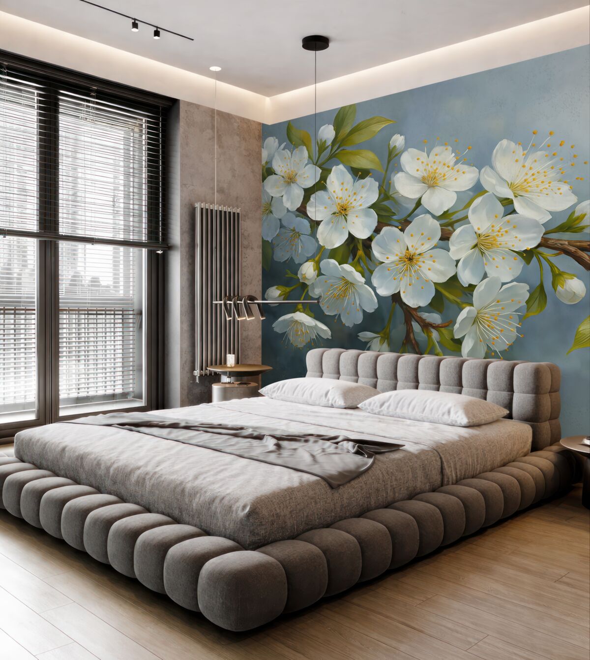 Fototapeta Gałązka z białymi, rozwijającymi się kwiatami, nawiązująca do malarstwa olejnego.