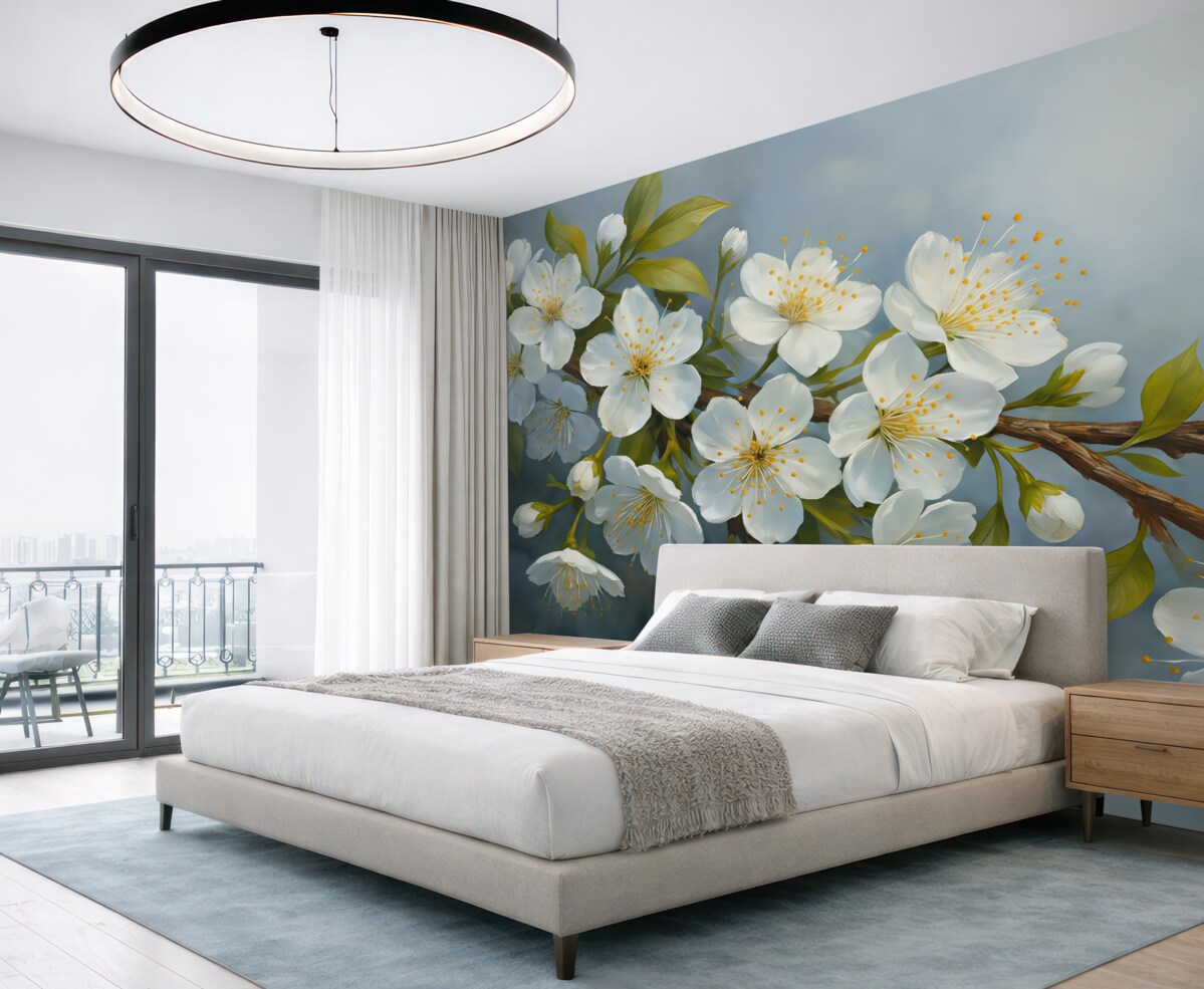 Fototapeta Gałązka z białymi, rozwijającymi się kwiatami, nawiązująca do malarstwa olejnego.