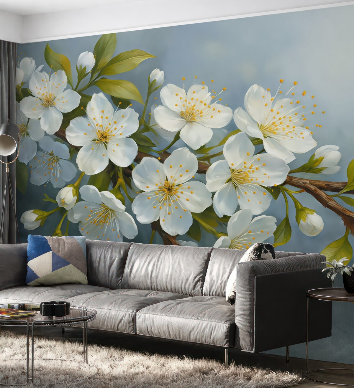 Fototapeta Gałązka z białymi, rozwijającymi się kwiatami, nawiązująca do malarstwa olejnego.