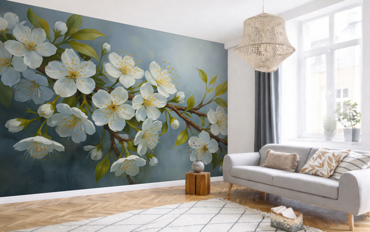 Fototapeta Gałązka z białymi, rozwijającymi się kwiatami, nawiązująca do malarstwa olejnego.