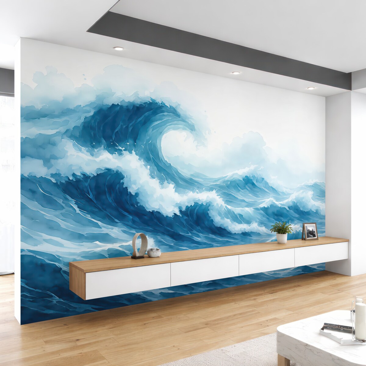 Fototapeta Akwarela fal morskich, odcień niebieski.