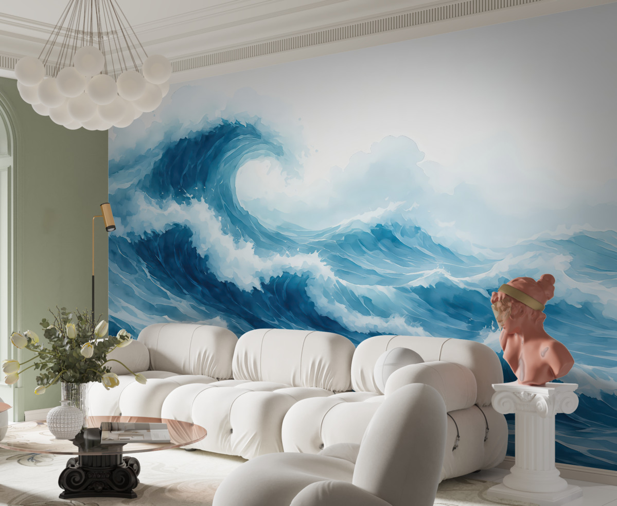 Fototapeta Akwarela fal morskich, odcień niebieski.