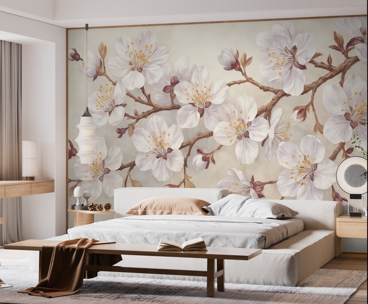 Fototapeta Kwitnąca gałązka wiśni na szarym tle.