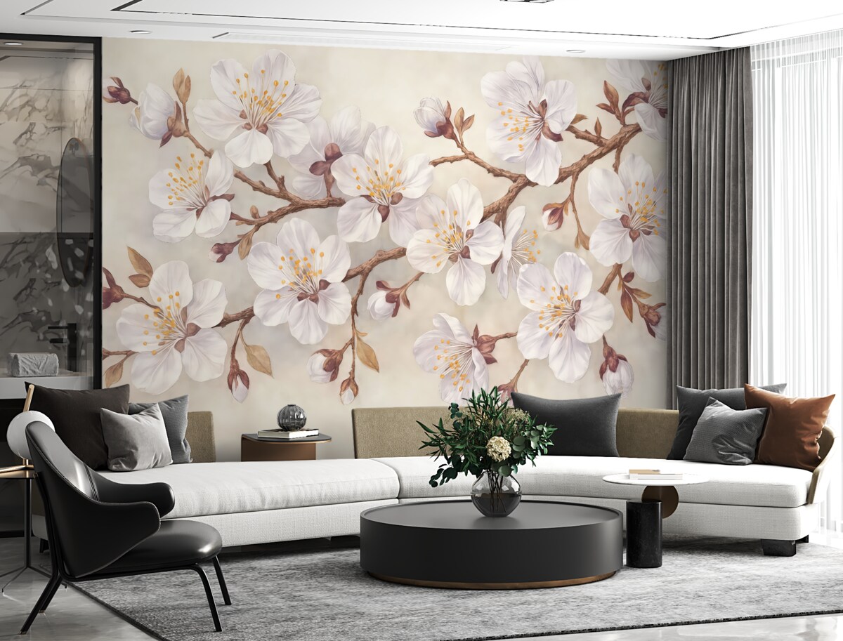 Fototapeta Kwitnąca gałązka wiśni na szarym tle.