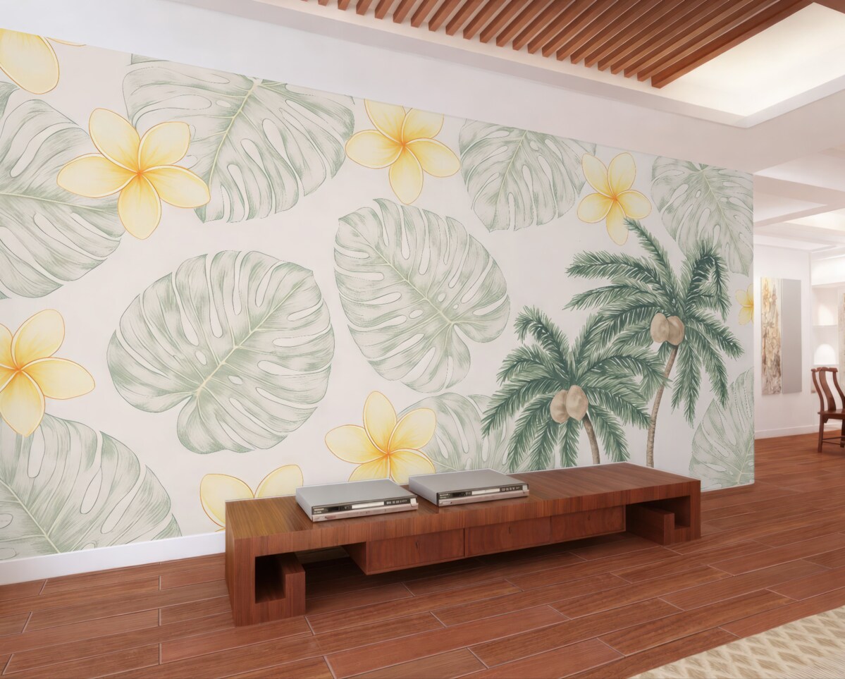 Fototapeta palmy oraz malowane listki i kolorowe kwiaty