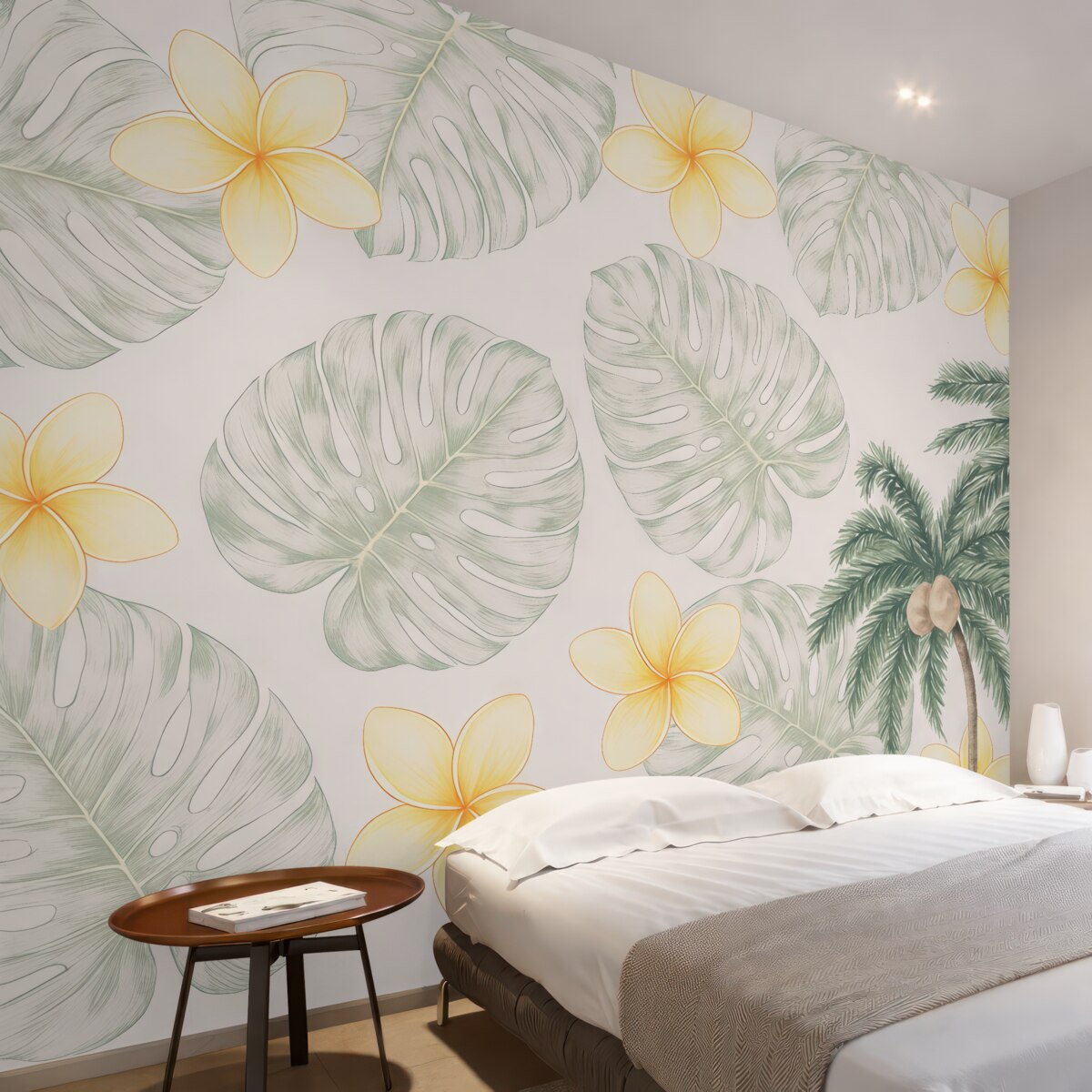 Fototapeta palmy oraz malowane listki i kolorowe kwiaty