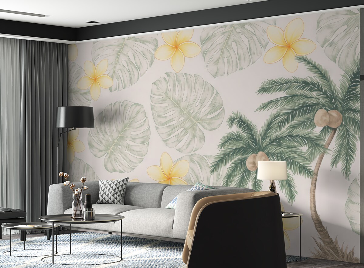 Fototapeta palmy oraz malowane listki i kolorowe kwiaty