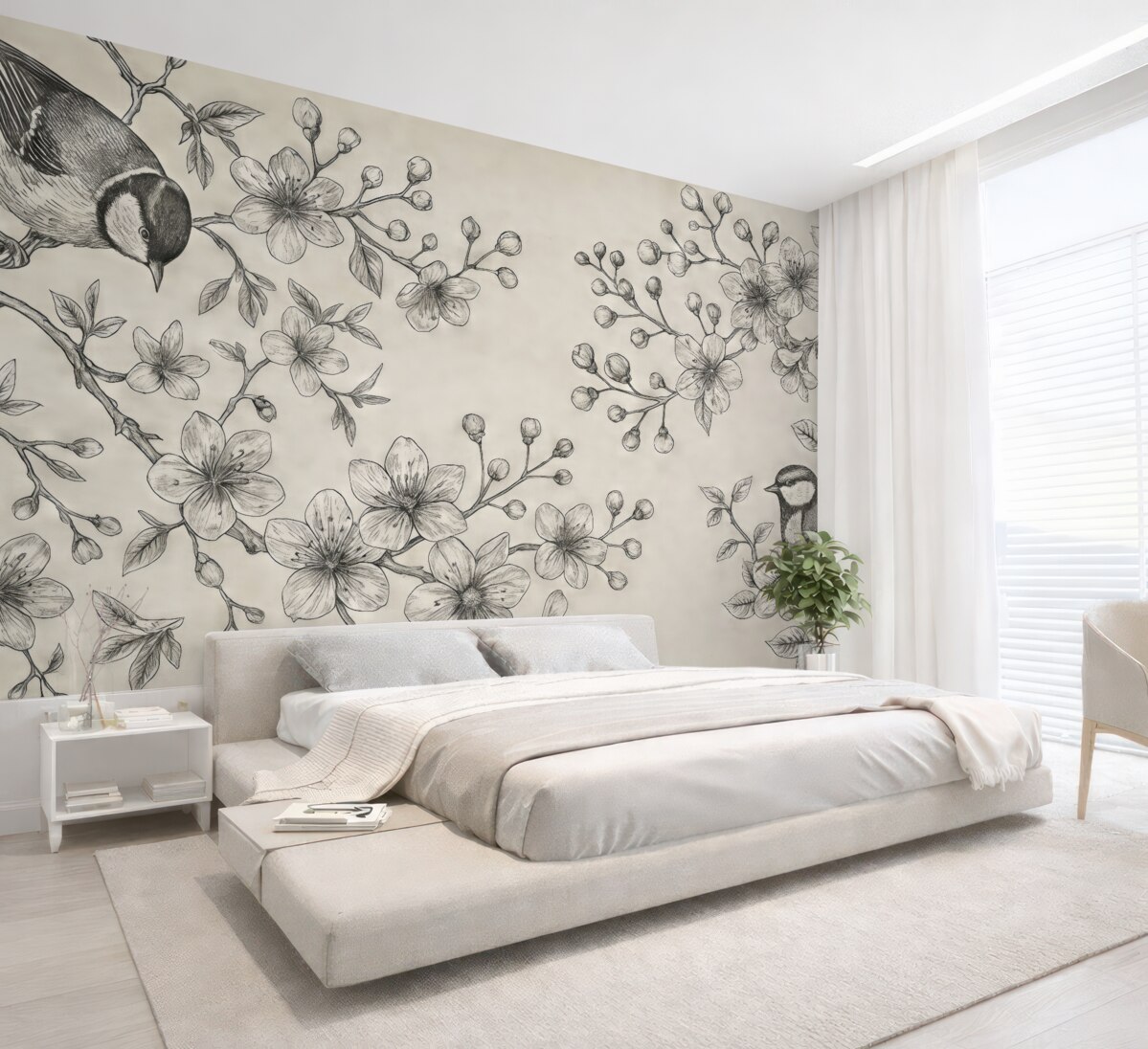 Fototapeta pomalowane gałęzie z kwiatami i ptakami