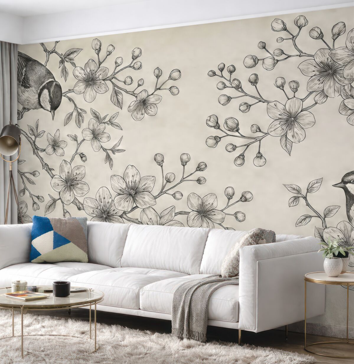 Fototapeta pomalowane gałęzie z kwiatami i ptakami