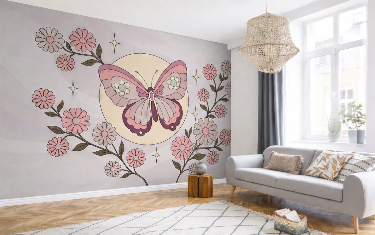 Fototapeta Tapeta z różowym motylem na jasnoszaro-różowym tle w otoczeniu kwiatów w minimalistycznym stylu do pokoju dziewczynki.