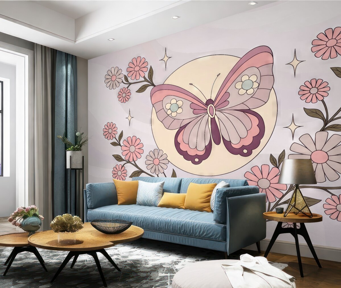 Fototapeta Tapeta z różowym motylem na jasnoszaro-różowym tle w otoczeniu kwiatów w minimalistycznym stylu do pokoju dziewczynki.