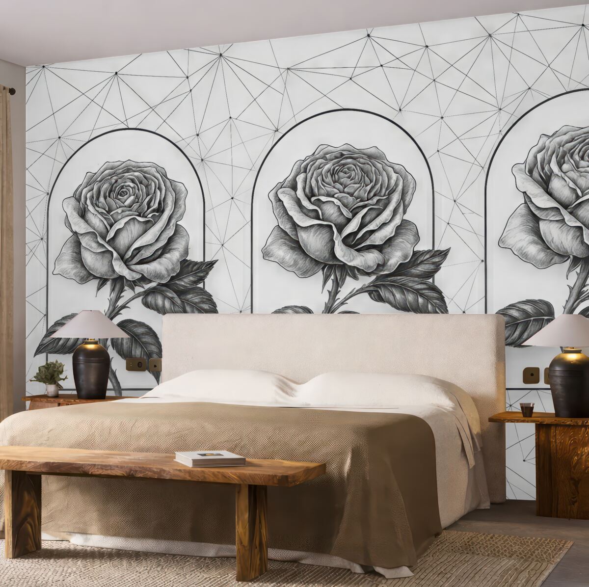 Fototapeta Czarne róże na jasnym tle. Minimalistyczna czarno-biała tapeta z czarnymi różami w łukach oraz abstrakcyjnymi liniami low-poly.