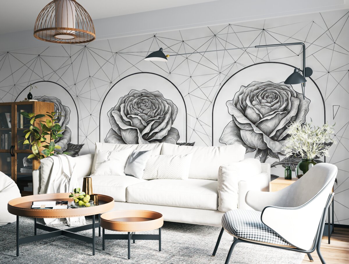Fototapeta Czarne róże na jasnym tle. Minimalistyczna czarno-biała tapeta z czarnymi różami w łukach oraz abstrakcyjnymi liniami low-poly.