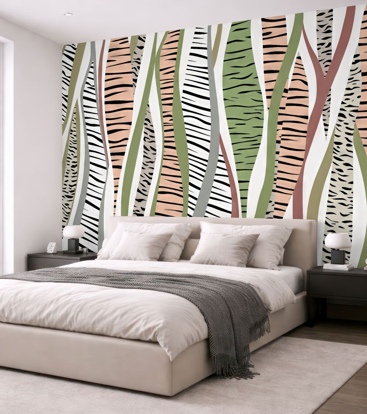 Fototapeta Stylizowana roślinność abstrakcyjna oraz liście w paski.