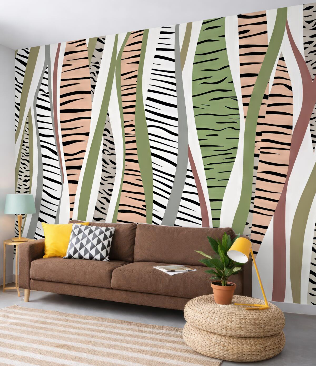 Fototapeta Stylizowana roślinność abstrakcyjna oraz liście w paski.