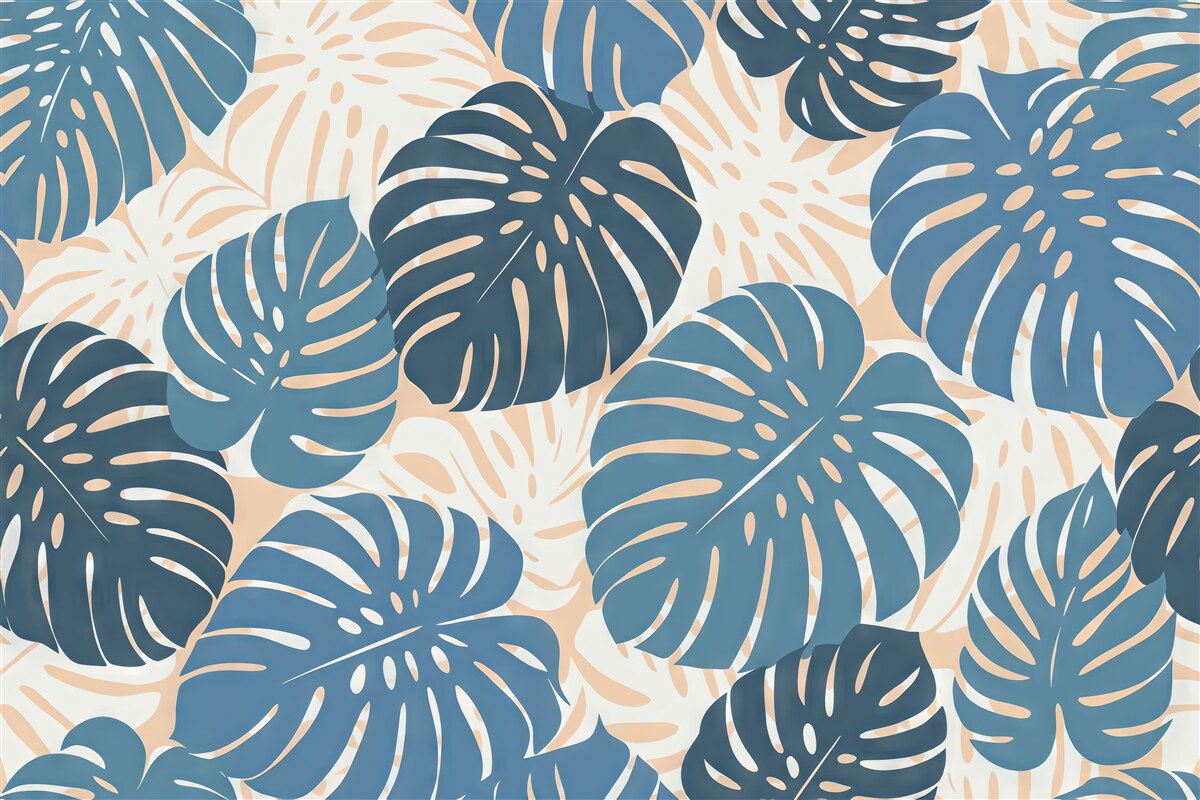 Fototapeta Jasne, tropikalne liście monstery, odcienie błękitu i różu.