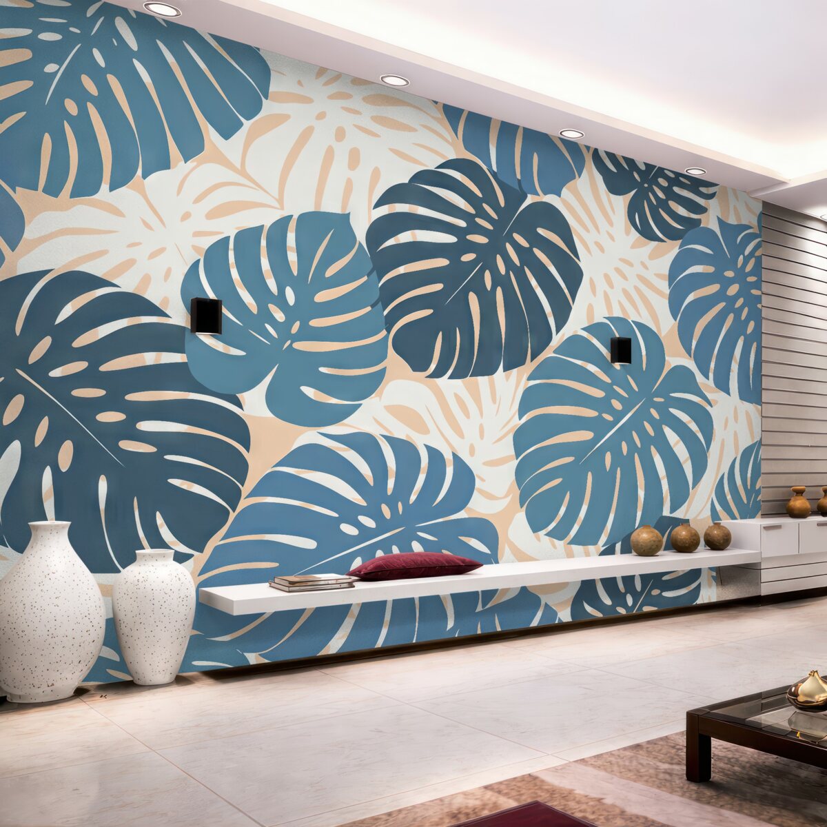 Fototapeta Jasne, tropikalne liście monstery, odcienie błękitu i różu.