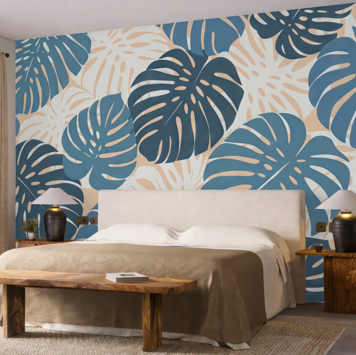 Fototapeta Jasne, tropikalne liście monstery, odcienie błękitu i różu.