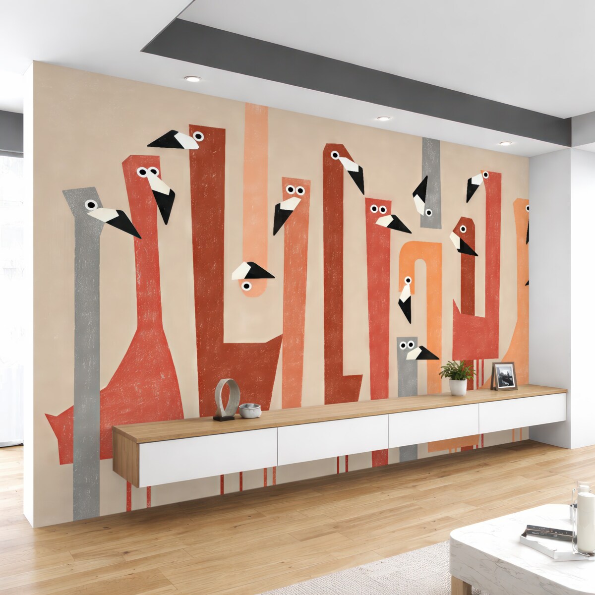 Fototapeta Wyraźna stylizowana grafika flaminga, barwy czerwonej, różowej, pomarańczowej i szarej, naśladuje rysunek przy pomocy smużek.