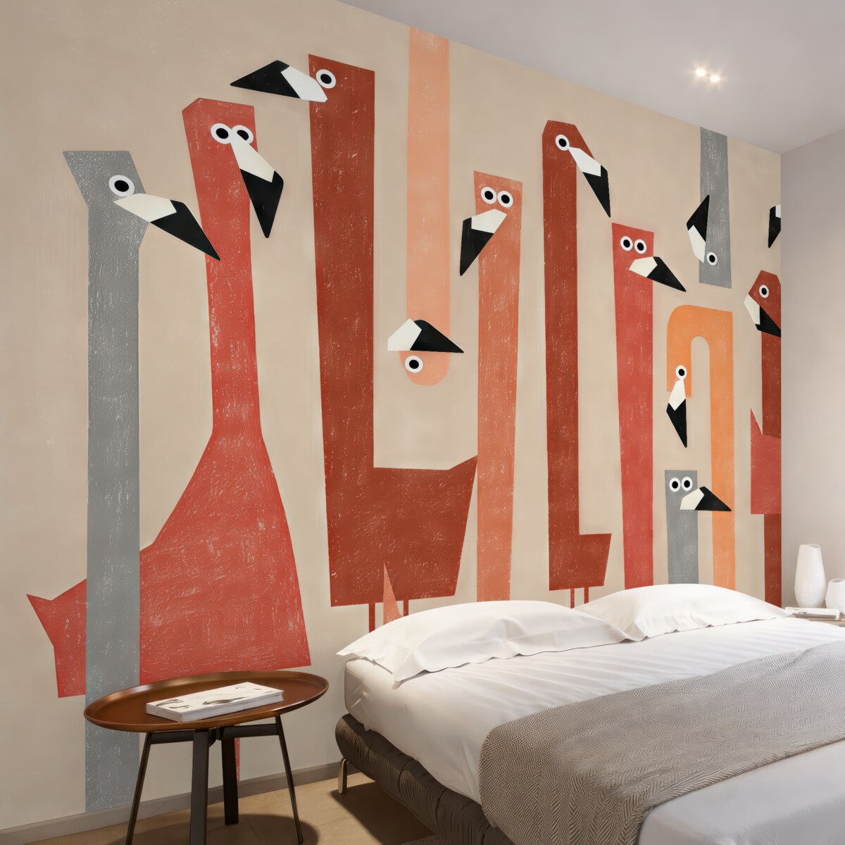 Fototapeta Wyraźna stylizowana grafika flaminga, barwy czerwonej, różowej, pomarańczowej i szarej, naśladuje rysunek przy pomocy smużek.