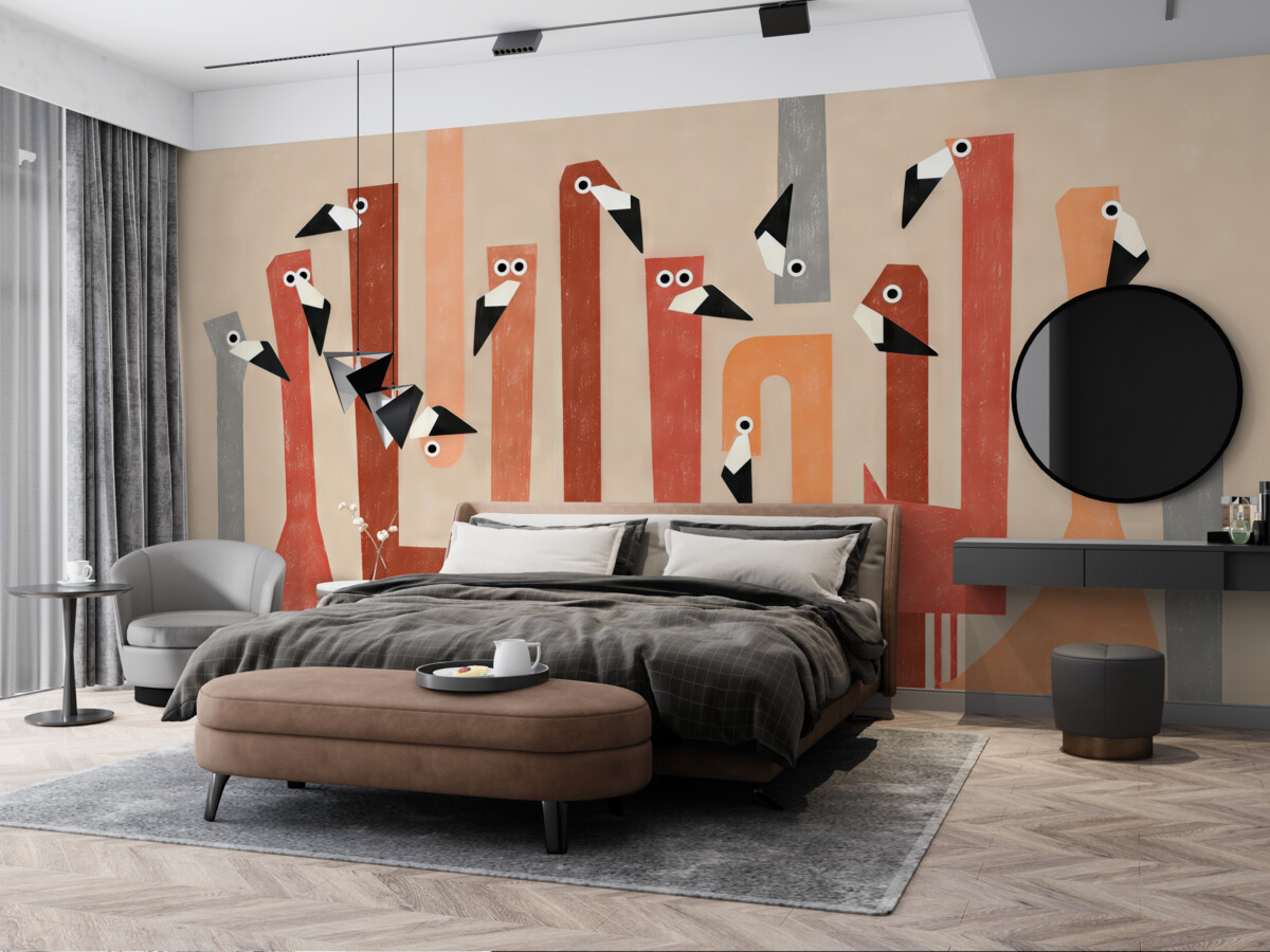 Fototapeta Wyraźna stylizowana grafika flaminga, barwy czerwonej, różowej, pomarańczowej i szarej, naśladuje rysunek przy pomocy smużek.