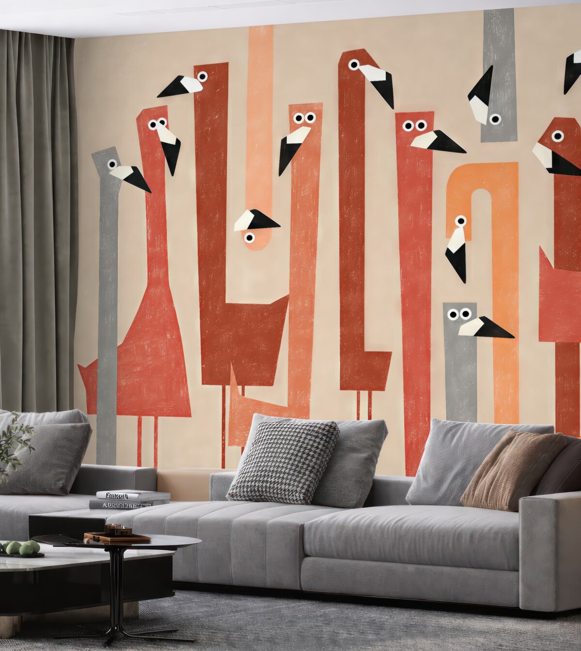 Fototapeta Wyraźna stylizowana grafika flaminga, barwy czerwonej, różowej, pomarańczowej i szarej, naśladuje rysunek przy pomocy smużek.