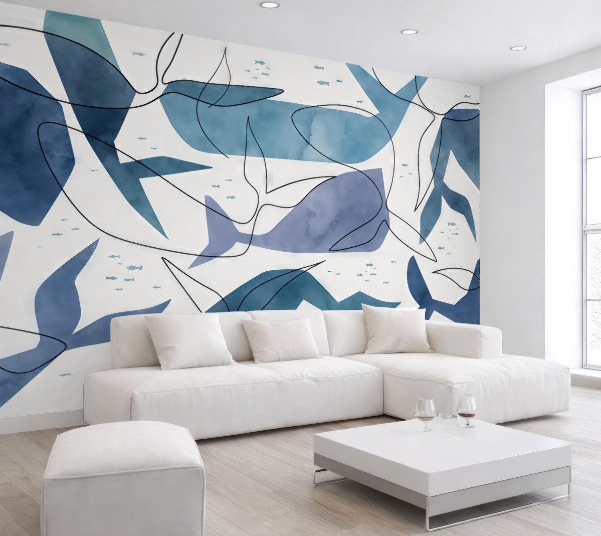 Fototapeta Stylizowane kształty wielorybów, akwarelowe obrazy i linie, odcienie błękitu.