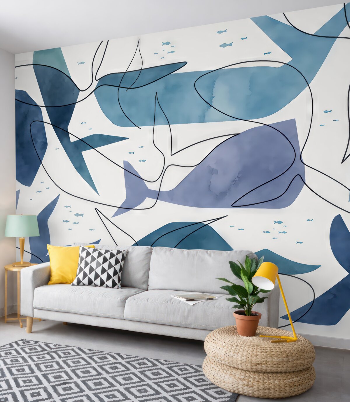 Fototapeta Stylizowane kształty wielorybów, akwarelowe obrazy i linie, odcienie błękitu.