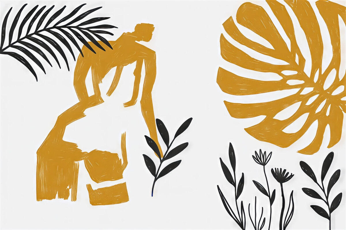 Fototapeta Abstrakcyjna plama dziewczynki i roślinności, barwa czarna i żółta.