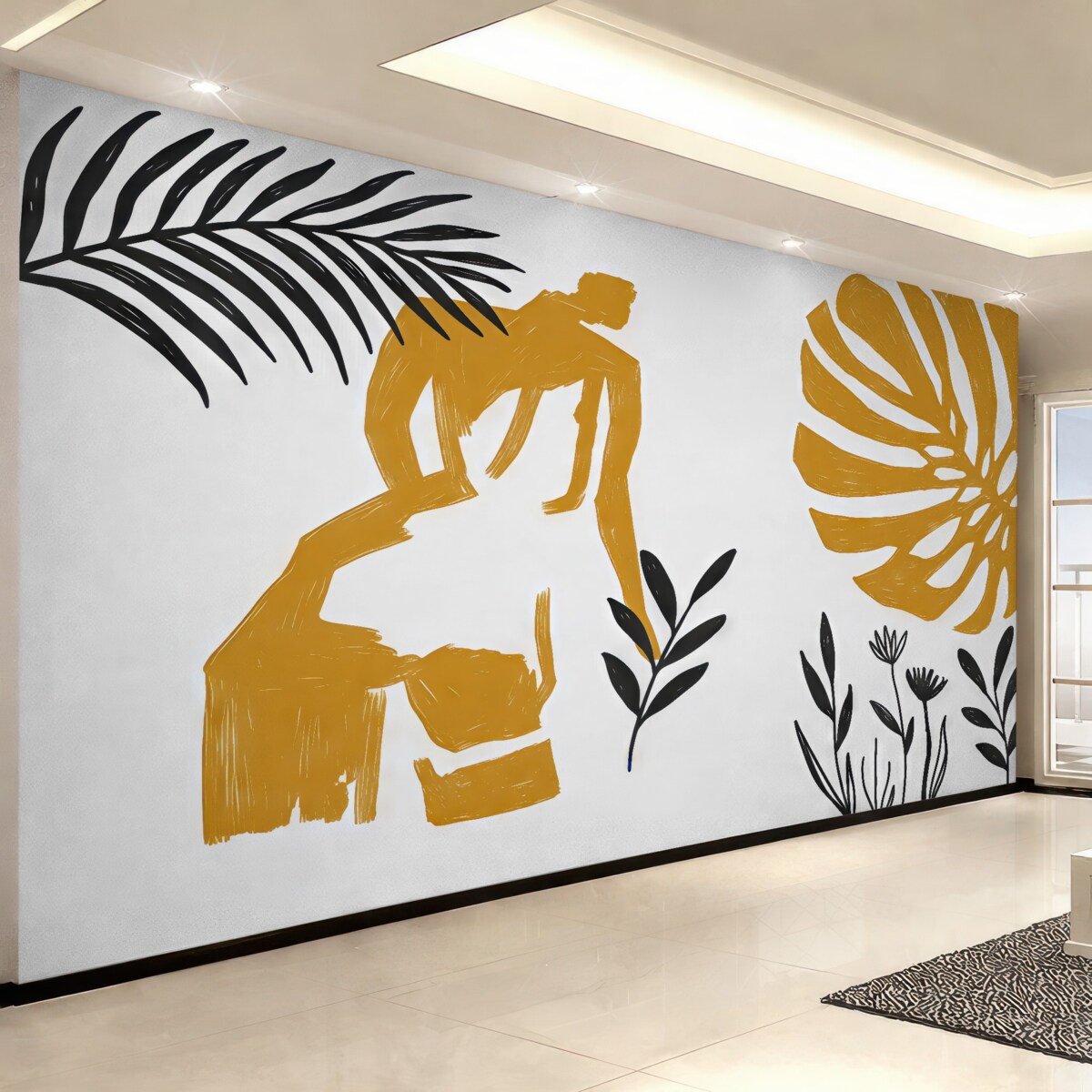 Fototapeta Abstrakcyjna plama dziewczynki i roślinności, barwa czarna i żółta.