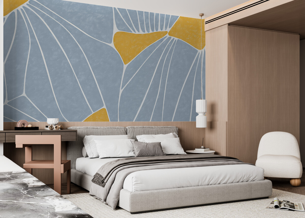 Fototapeta Abstrakcyjny wzór florystyczny, żółty oraz niebieski, z teksturą.