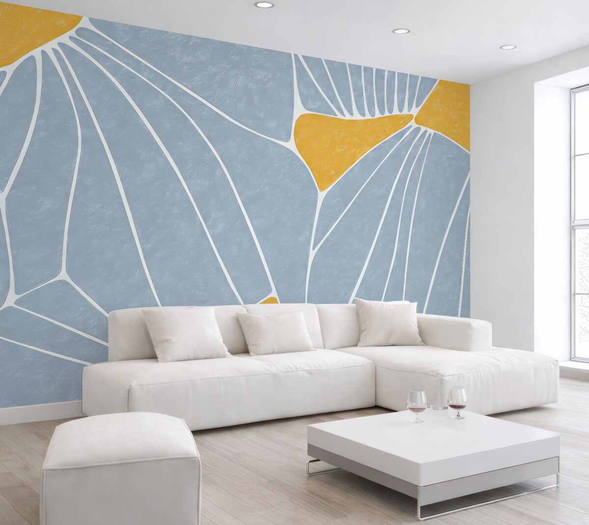 Fototapeta Abstrakcyjny wzór florystyczny, żółty oraz niebieski, z teksturą.