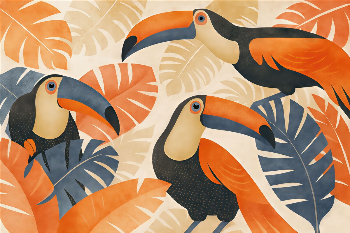 Fototapeta Tukany w tropikalnych roślinach, w odcieniach niebieskim, czerwonym oraz pomarańczowym.