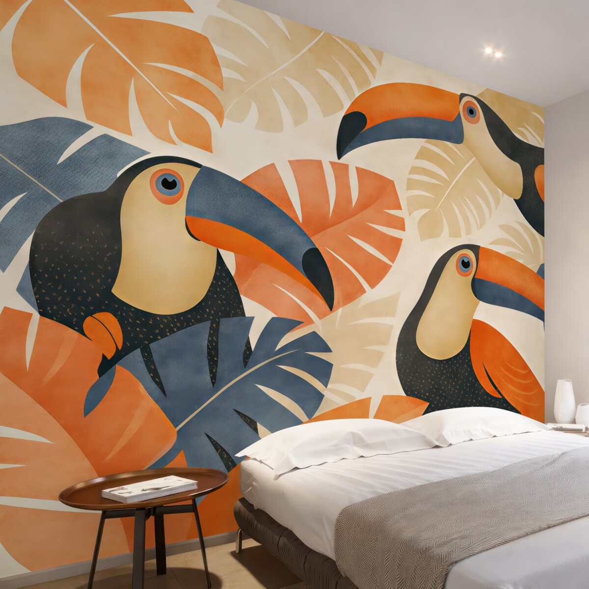 Fototapeta Tukany w tropikalnych roślinach, w odcieniach niebieskim, czerwonym oraz pomarańczowym.