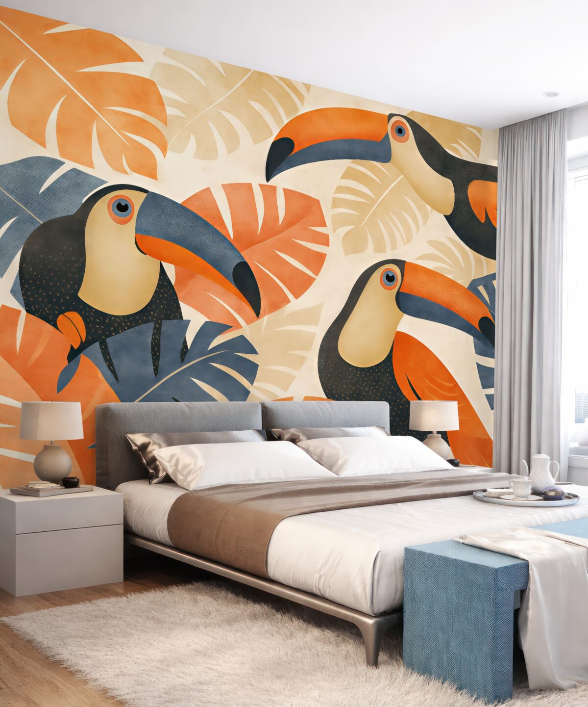 Fototapeta Tukany w tropikalnych roślinach, w odcieniach niebieskim, czerwonym oraz pomarańczowym.