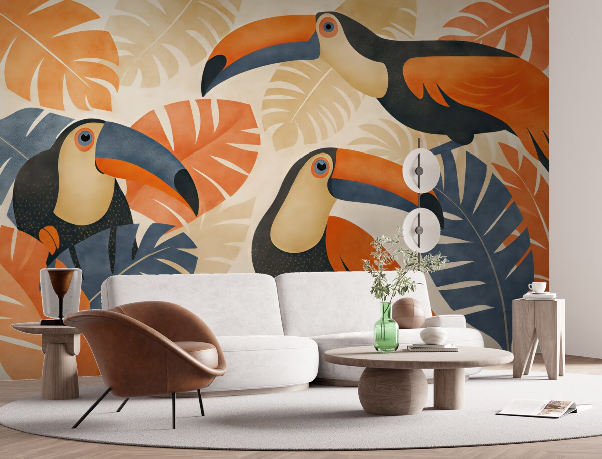 Fototapeta Tukany w tropikalnych roślinach, w odcieniach niebieskim, czerwonym oraz pomarańczowym.