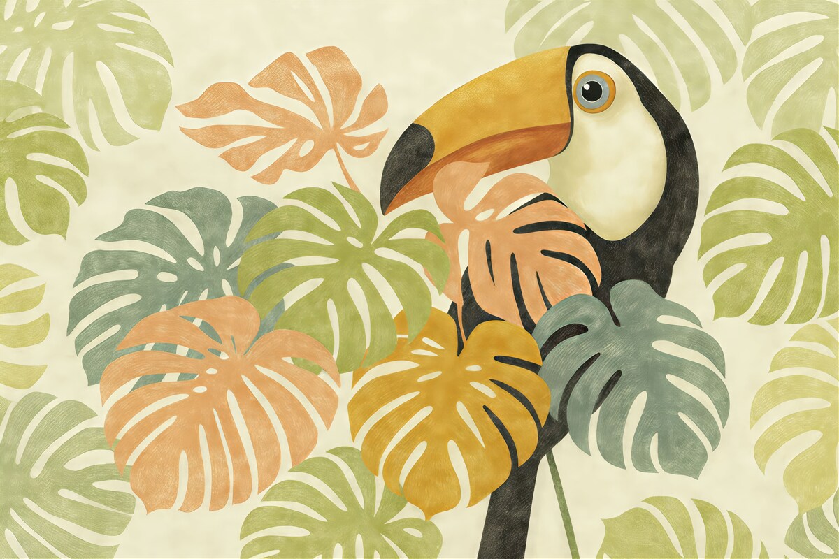 Fototapeta Tukan odpoczywa w tropikalnych liściach monstery, obrazek naśladujący ruch pędzla.