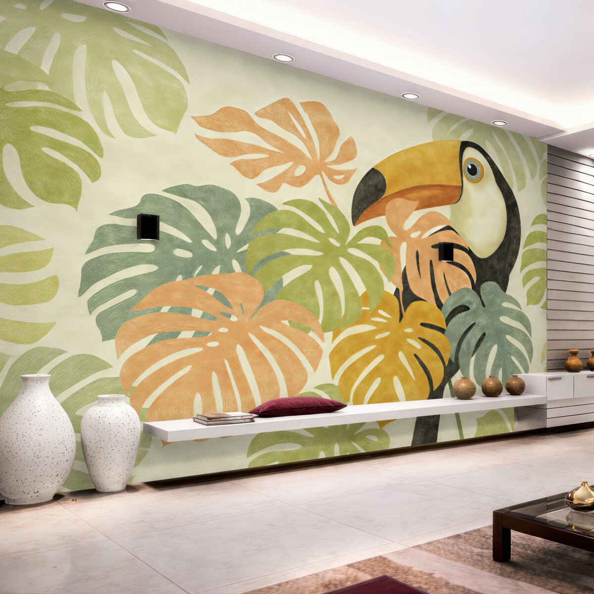 Fototapeta Tukan odpoczywa w tropikalnych liściach monstery, obrazek naśladujący ruch pędzla.