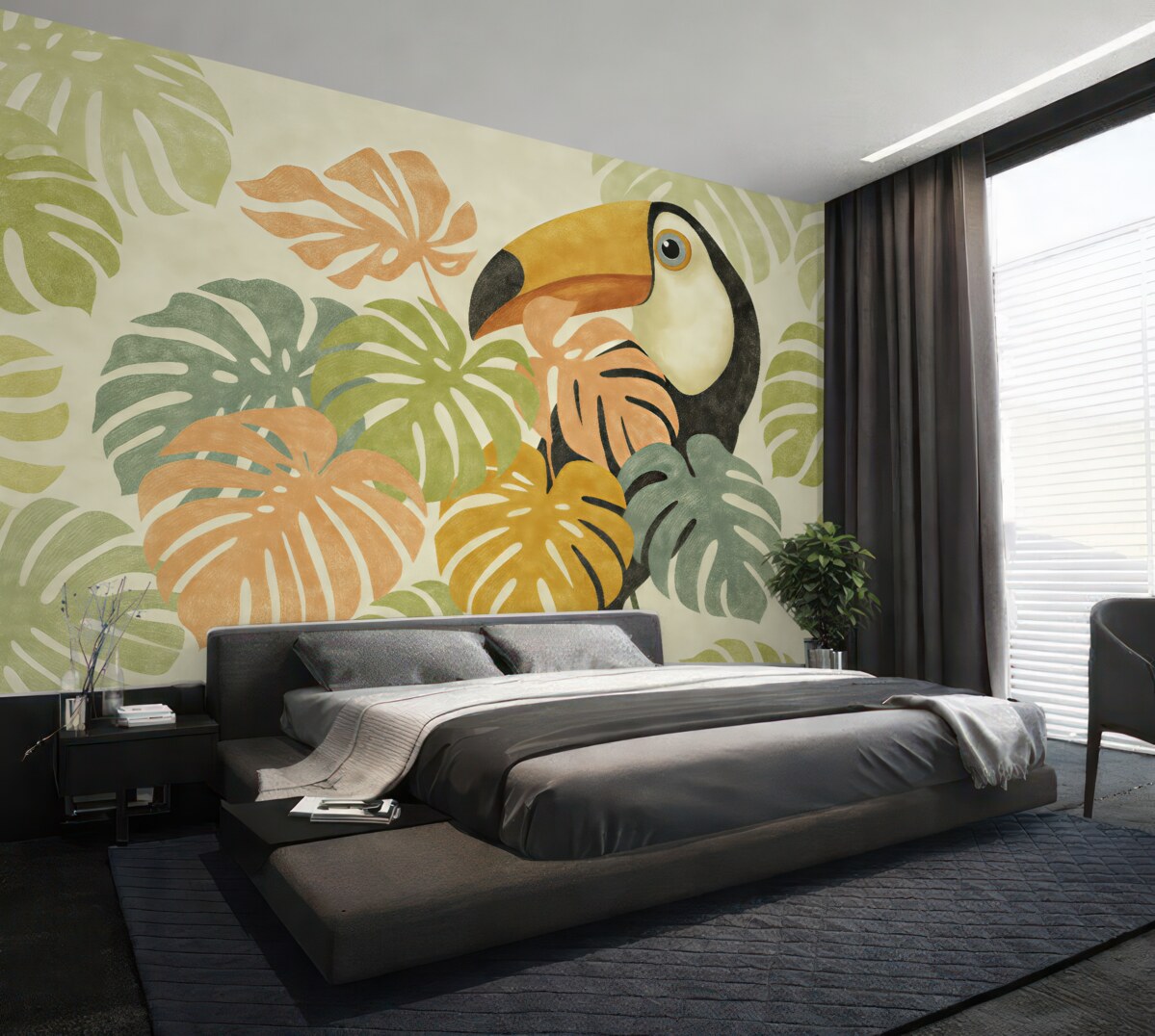 Fototapeta Tukan odpoczywa w tropikalnych liściach monstery, obrazek naśladujący ruch pędzla.