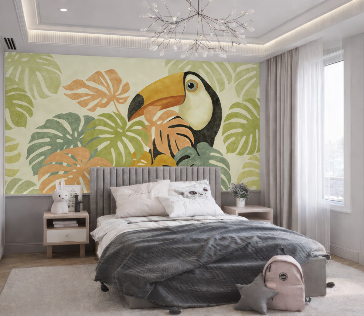 Fototapeta Tukan odpoczywa w tropikalnych liściach monstery, obrazek naśladujący ruch pędzla.