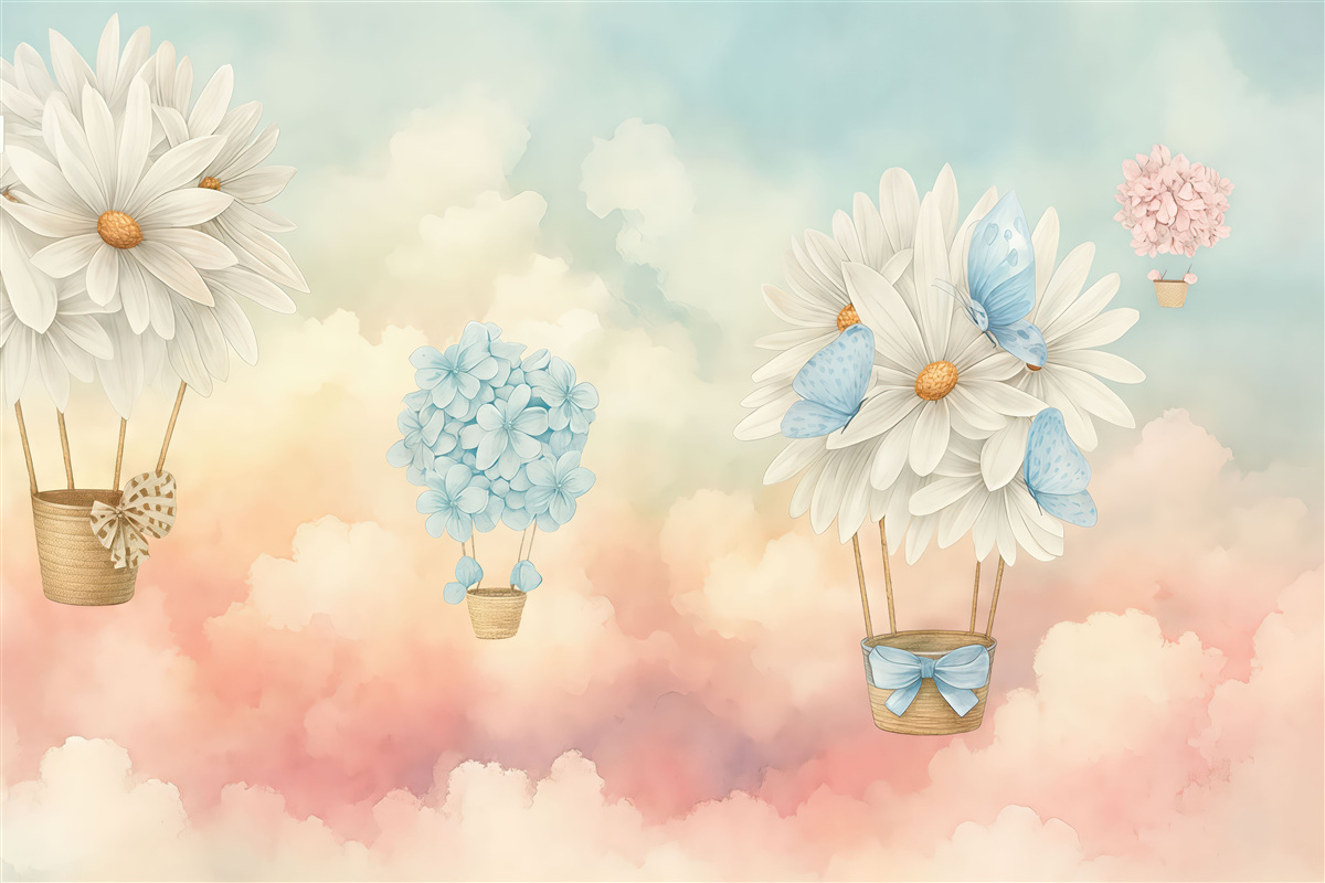 Fototapeta Niebo w farbach akwarelowych i baloniki kwiatowe.