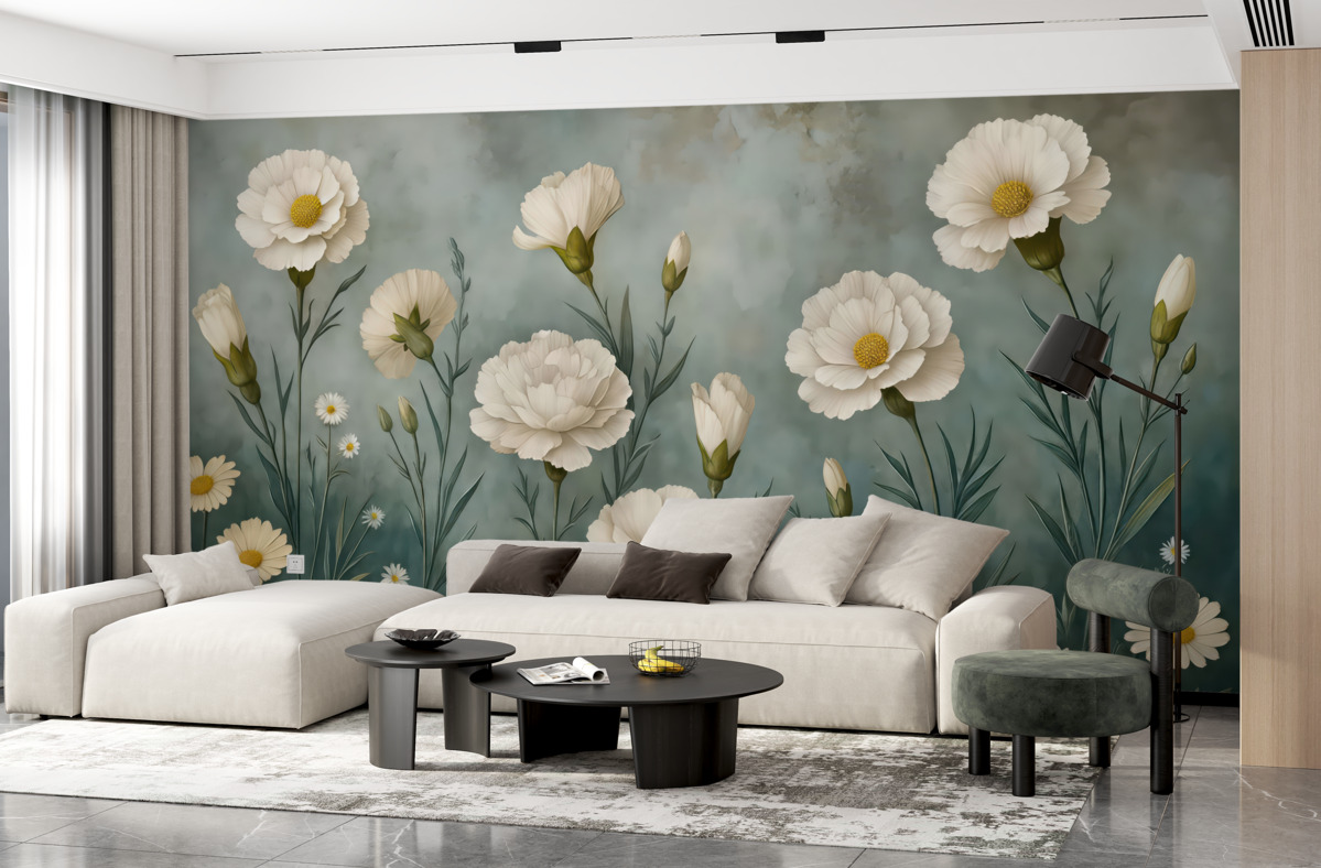 Fototapeta Goździki oraz stokrotki na ciemnym tle.